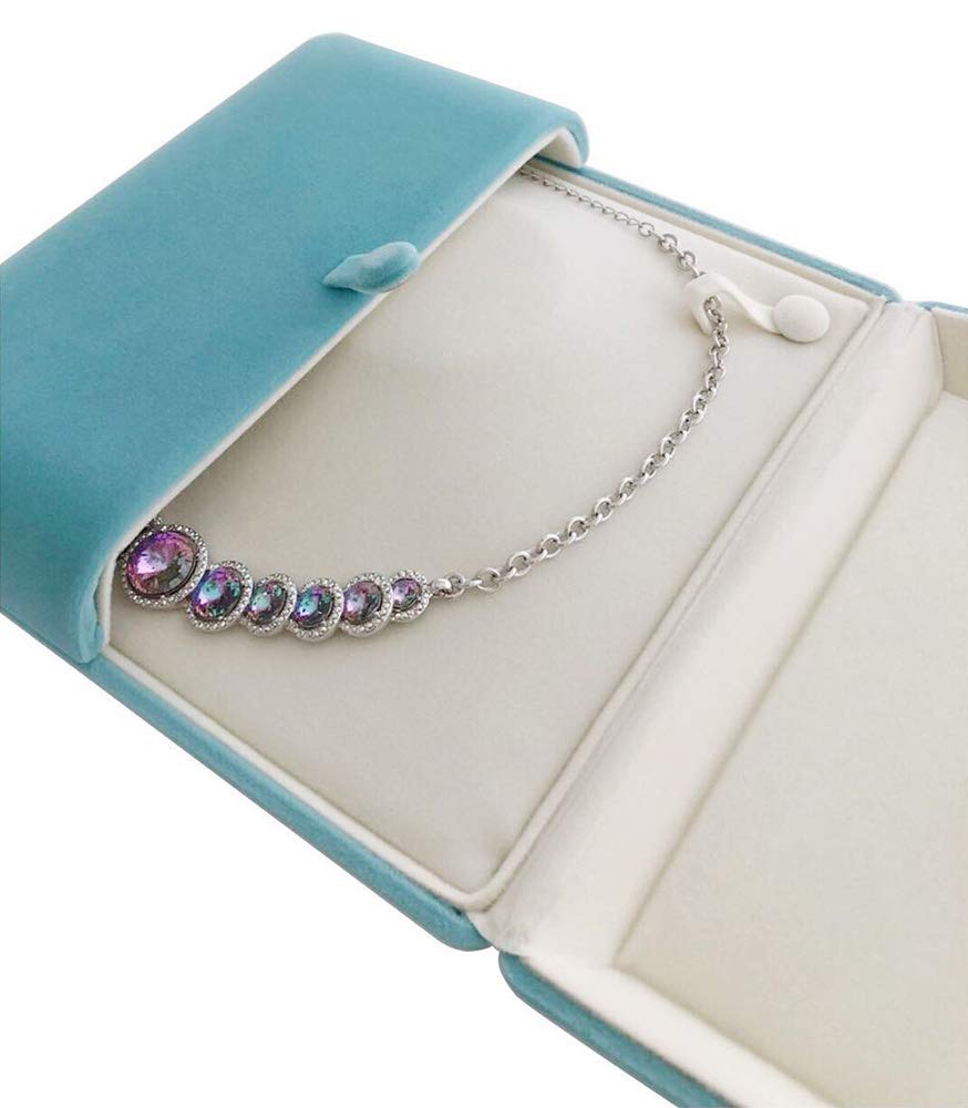 Aqua Teal Velvet Jewelry Box for Large Necklace Luxury Pearl Strand Presentation Case, Tri-Panel Flat Open Design, Button Clip Closure, Cream Velvet Interior, Gift Box for Wedding Birthday