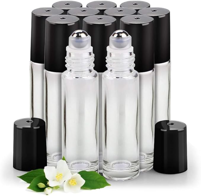Sungwoo 12 Pack Essential Oil Bottles, 10ml Clear Glass Bottles with Stainless Steel Roller Balls and Caps for Travel, Perfume and Lip Gloss