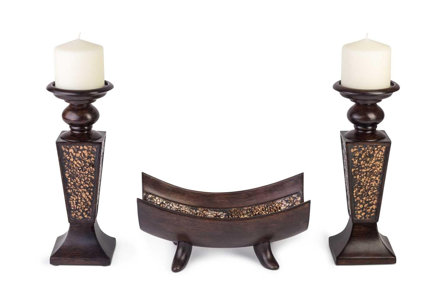 Creative Scents Schonwerk Brown Pillar Candle Holder Set of 2- Crackled Mosaic Design- Functional Table Decorations- Centerpieces for Dining/Living Room- Best Wedding Gift