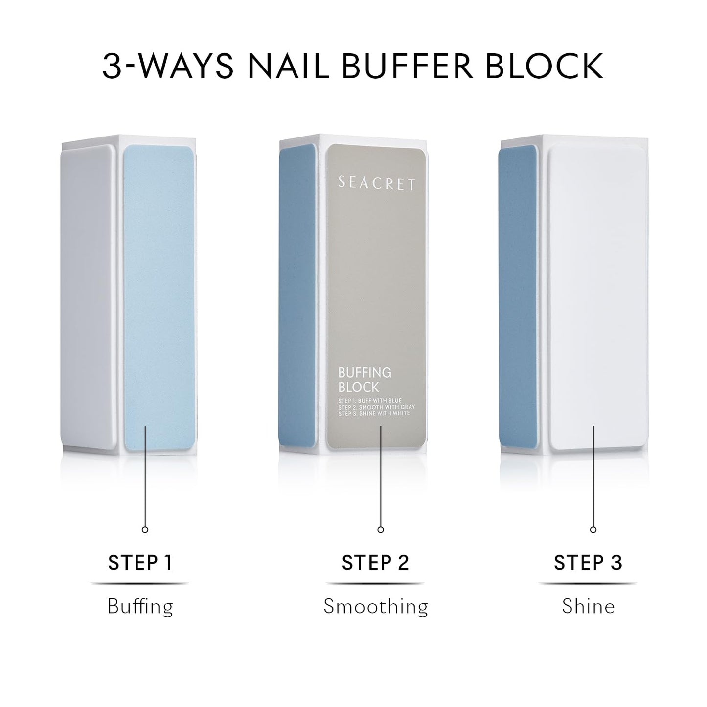 SEACRET Nail Buffer Block - 3-Way Salon Shine for Natural Nails, Smooths Ridges & Buffs to Glossy Finish Without Polish - Korean Made - Manicure & Pedicure, Pack of 2