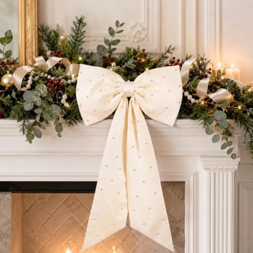 HunnmingRe 24x43 in Satin Bow with Pearl Christmas Tree Topper,Ivory White