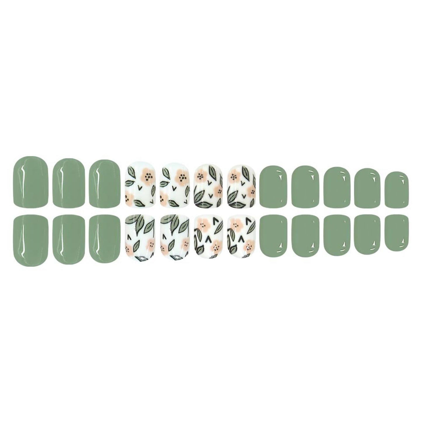 Square Press On Nails Short Fake Nails Flower With Leaf Design Green False Nails Acrylic Full Cover Artificial Glue On Nail Glossy Reusable Cute Stick On Nails For Women Manicure Art 24pcs