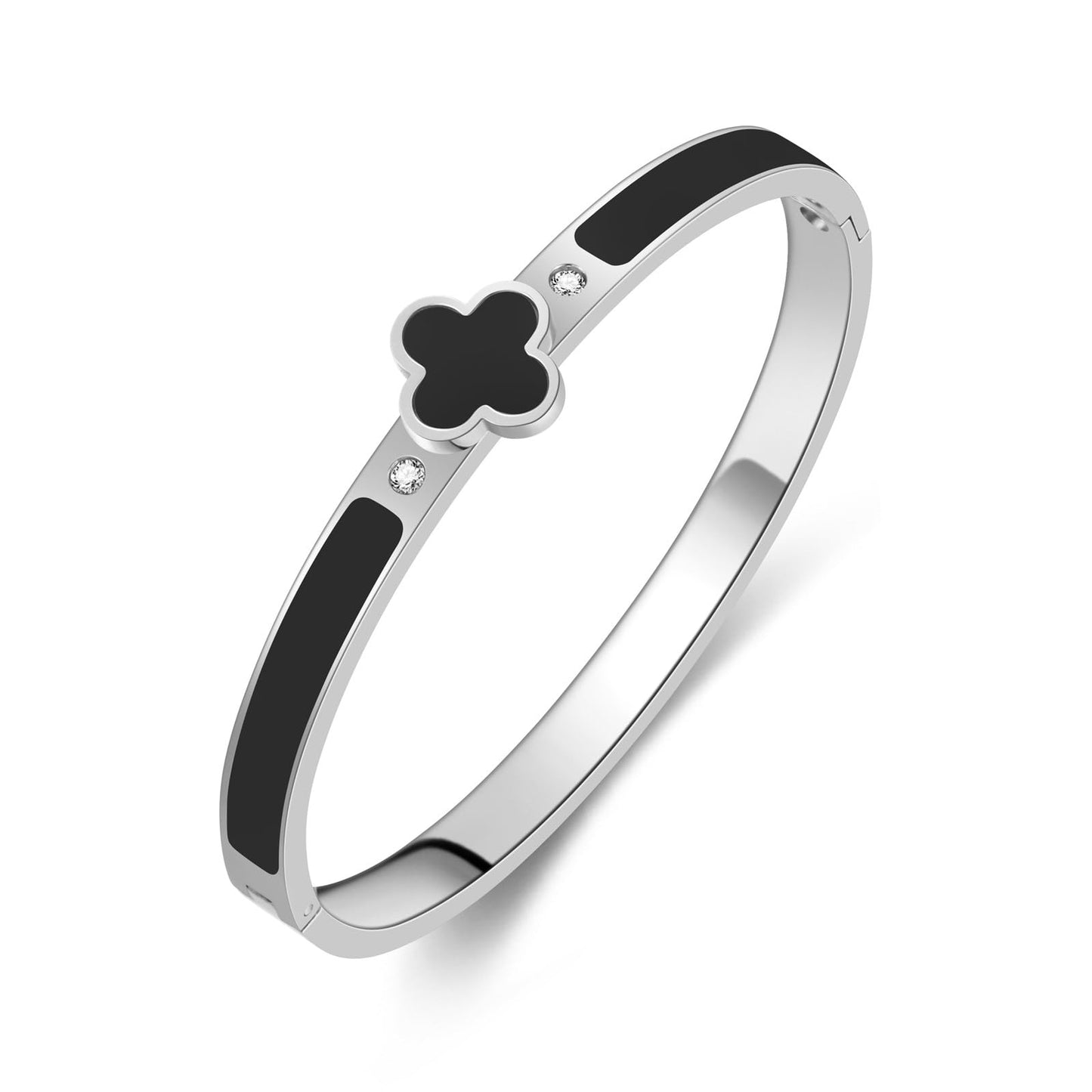 KYJAC 18k Gold Plated Stainless Steel Four Leaf Clover Bracelet for Women - Non-Tarnish, Precision Polished Chunky Oval Bangle in Black, White, Pink, Red Clover Bangle (Silver Black)