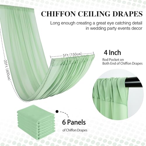 DUOBAO Chiffon Ceiling Drapes 20ft Sage Green Wedding Backdrops Sheer Backdrop Curtains for Reception Wedding Ceremony Sheer Arch Drapes Fabric Event Party Supplies 6 Panels 5×20feet - color: Sage Green, size: 60"W x 240"L (Pack of 6)