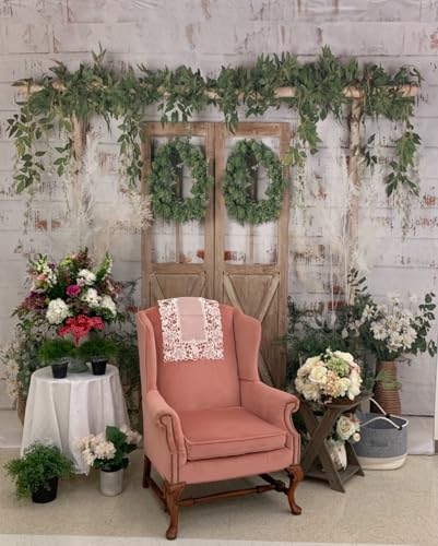 Kate Rustic White Painted Brick Wall Wood Door Photography Backdrops 10x10ft Spring Green Grass and Flowers Photo Backgrounds Baby Shower Backdrop Photoshoot Props - size: 10x10ft