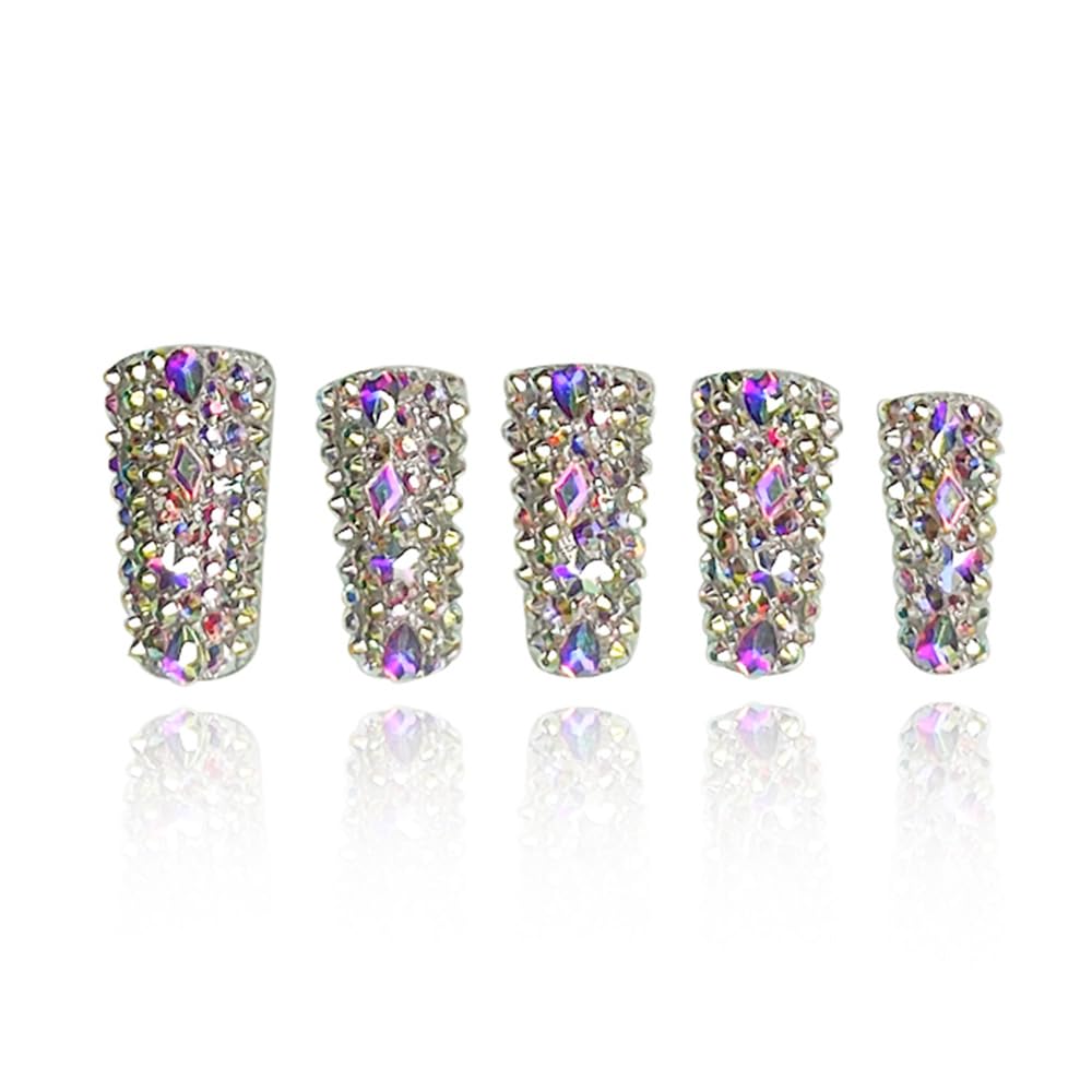GGddsha 2025 Full Diamond Duck Nails Medium Square Reusable PMMA Acrylic Nails Handmade Full Coverage Deluxe 3D Crystal Fake Nail (With Box) Gift for Women (rhinestone, M)
