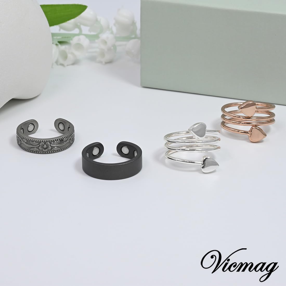 Vicmag Copper Magnetic Ring for Women, Magnetic Rings Ladies Fingers Thumb 100% Solid Pure Copper Jewelry Gift Adjustable (4PCS Snake+Plum+Surface)