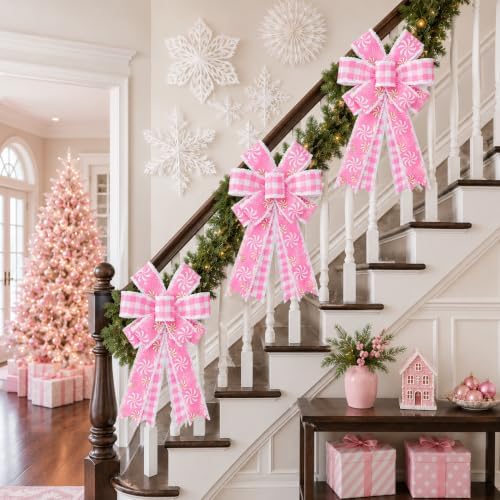 2 Pack Large Pink Christmas Bows for Wreath, 20 x 11 Inch Pre-Tied Wired Ribbon Bows, Candy Theme Tree Topper Bow for Front Door, Garland, Fireplace, Indoor Outdoor Holiday Decorations (Pink)