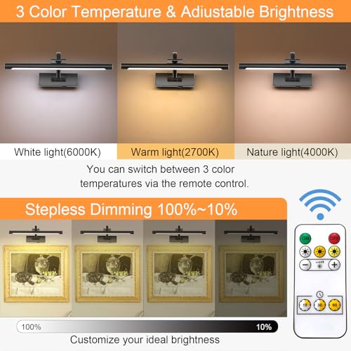Tassuowell Wireless Battery Operated Picture Light,Rechargeable Wall Light with Remote and Timer,15.75 Inch Black Dimmable Painting Light,3CCT with Adjustable Swing Arm for Display Gallery Lighting - color: Black, size: 15.7inch