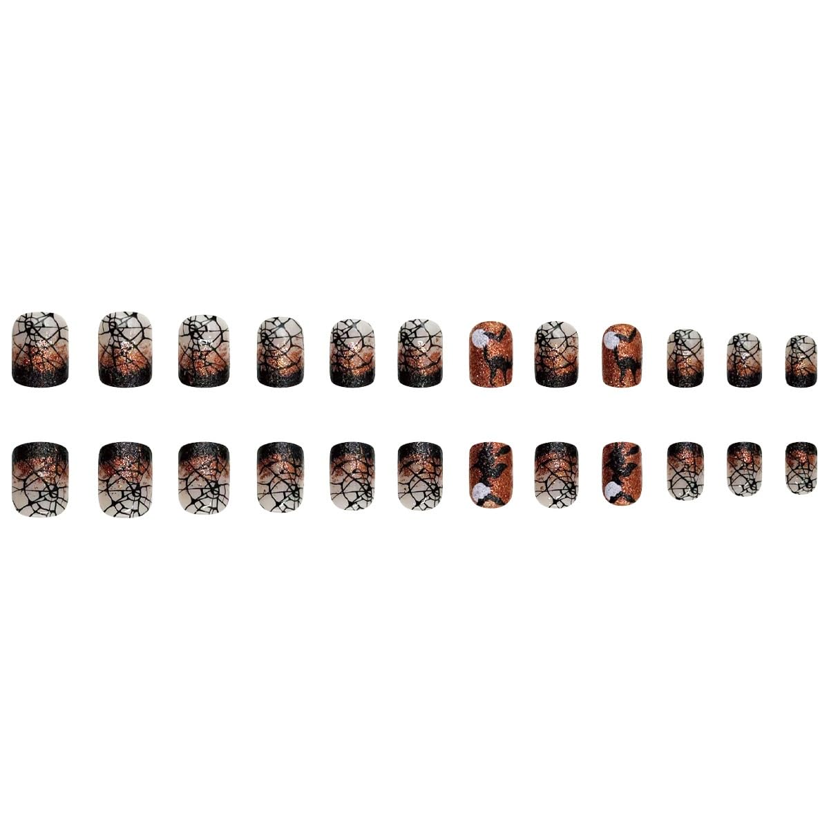 Halloween Press on Nails Short Square Fake Nails Spider Web Bat Cat Witch Designs Stick on Nails French Tip False Nails Orange Glitter Nail Artificial Acrylic Glue on Nail for Women Manicure 24Pcs