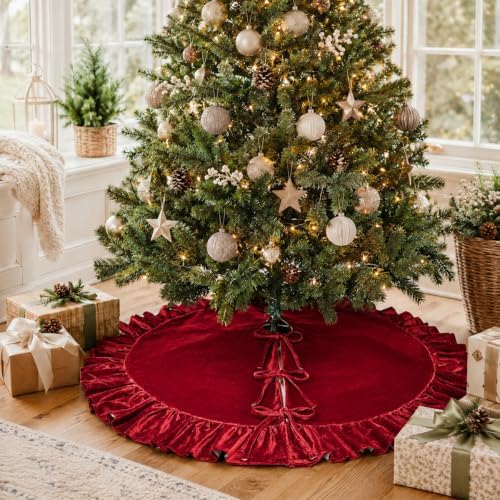 Christmas Tree Skirt,Velvet Tree Skirt with Ruffled Edge, Classic Large Velvet Fur Plush Tree Skirt for Merry Christmas(Red,36Inch)