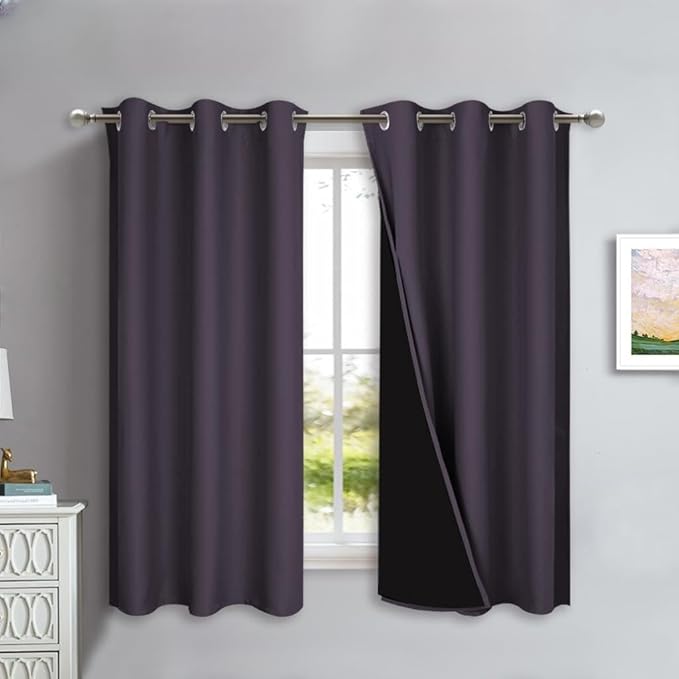 NICETOWN 100% Blackout Short Curtains with Black Liners, 2 Panels, 37" W by 40" L, Greyish Purple, Thermal Insulated Full Blackout 2-Layer Lined Drapes, Energy Efficiency Window Drapes for Bedroom
