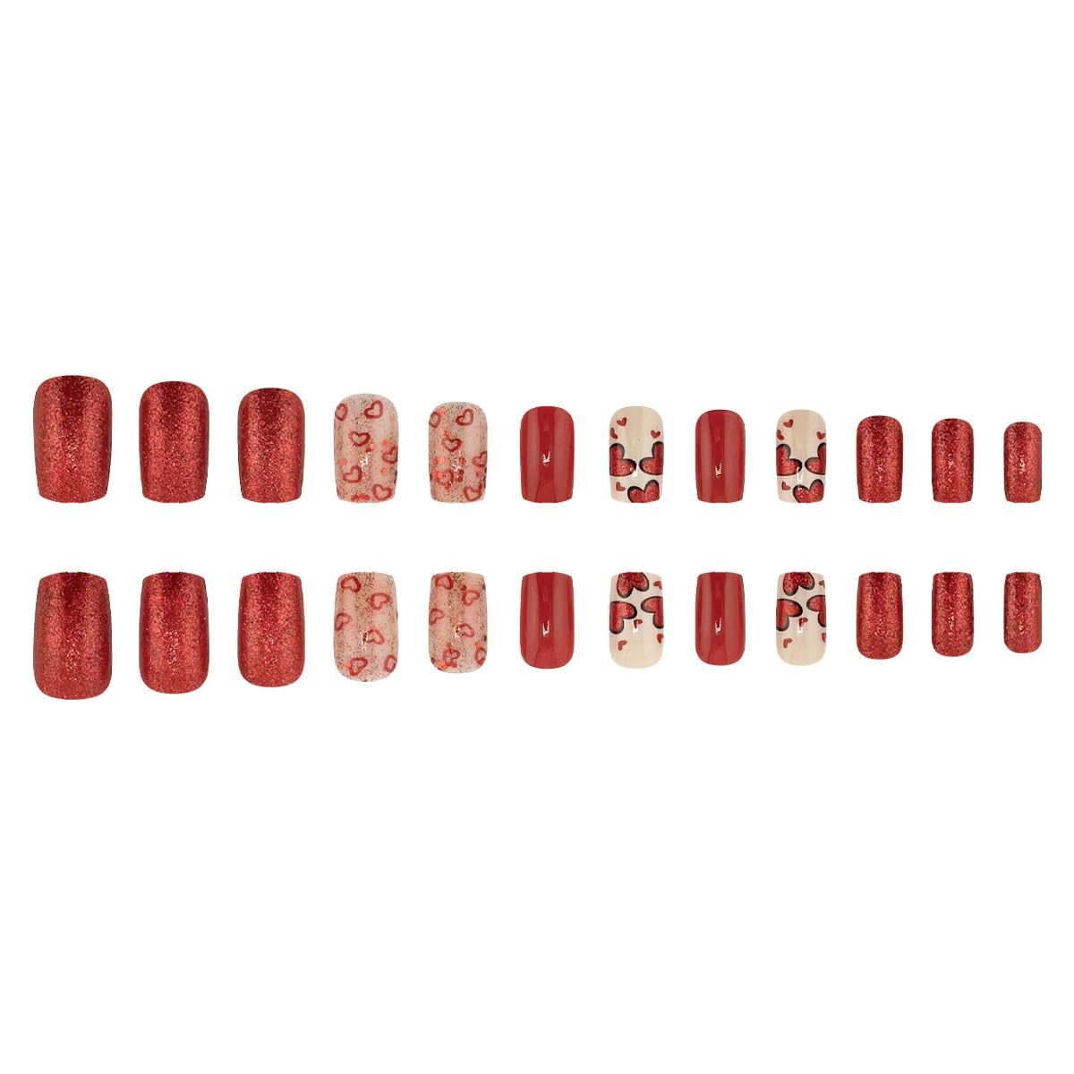 Valentine's Square Press on Nails Medium Hollow Heart Fake Nails Red Heart Glitter Design Glue on Nails Heart Acrylic Nails Full Cover Artificial Stick on Nails Valentine False Nails for Women