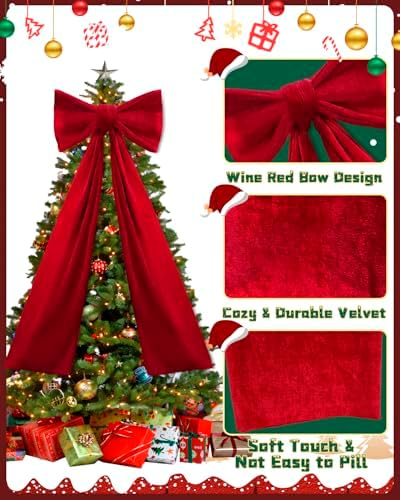 Piemow Christmas Tree Topper Bows, 19" x 40" Large Wine Red Velvet Bows