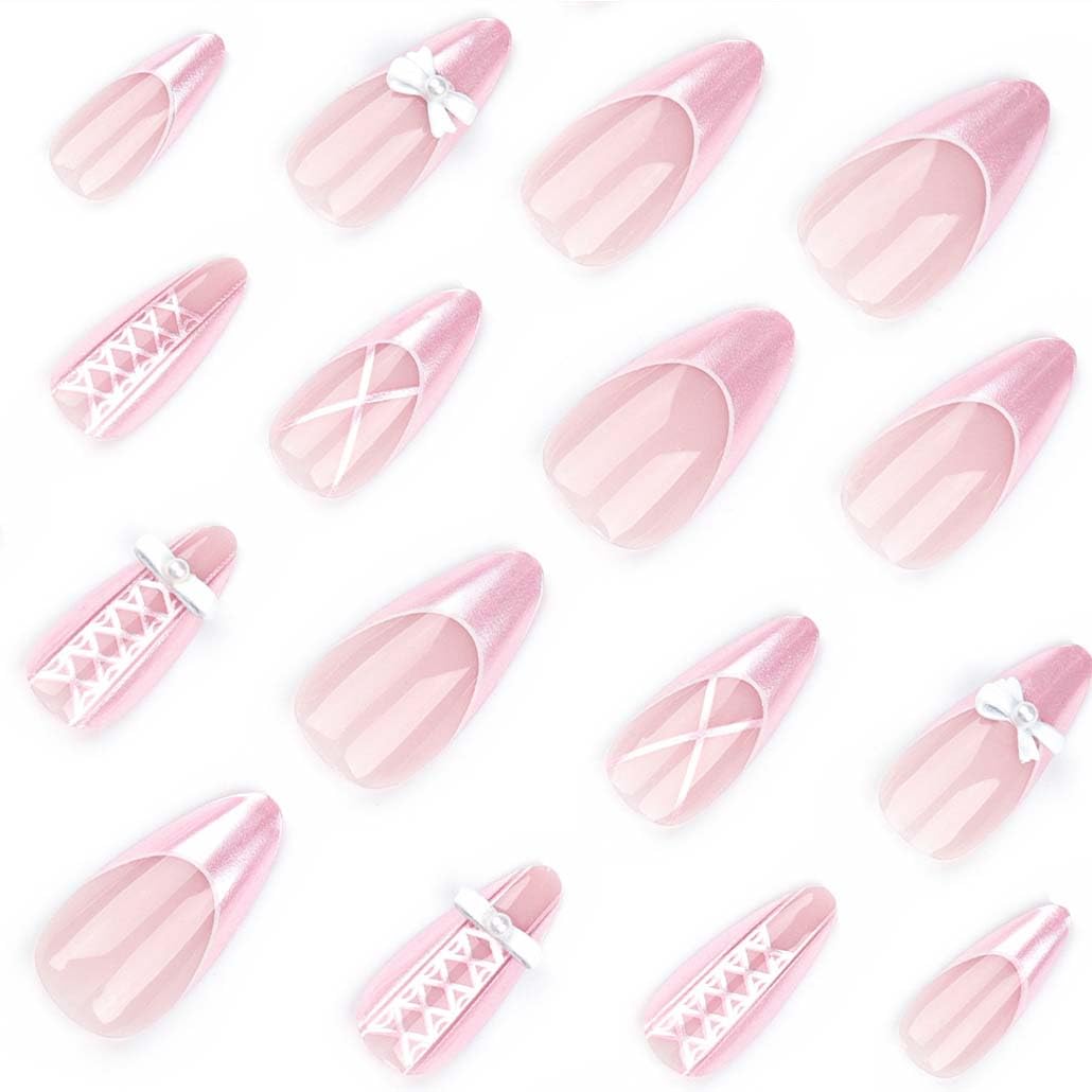 Foccna Press on Nails Medium Long Pearl Pink Fake Nails Almond Glossy 3D False Nail Tips Artificial Nails French Finger Manicure for Women and Girls-24pcs