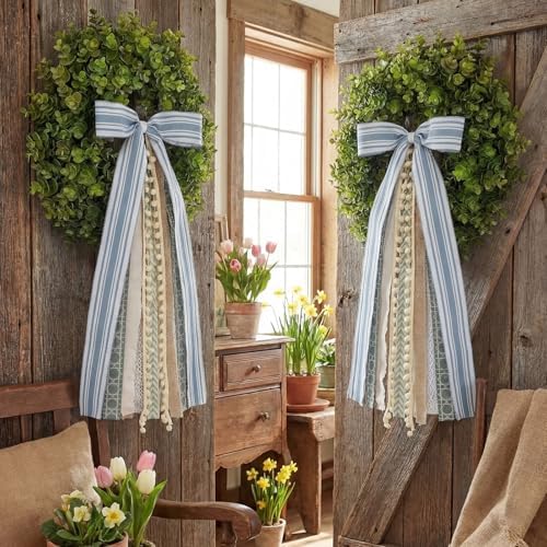 Suncalla 2 Pcs Grayish Blue and Ivory Ribbon Bow for Wreath Front Door