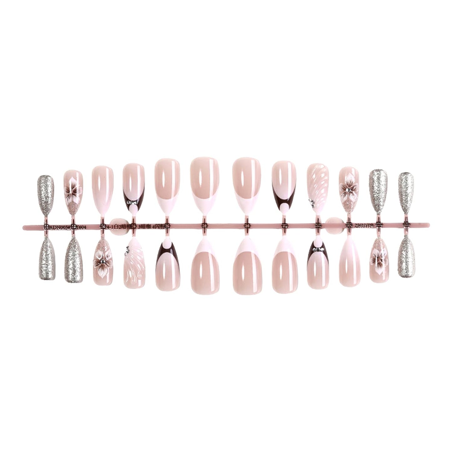 24Pcs Flower Press on Nails Medium Almond Fake Nails with 3D Rhinestone Design White French Tip False Nails Silver Glitter Full Cover Cute Floral Reusable Spring Summer Acrylic Glue on Nail for Women