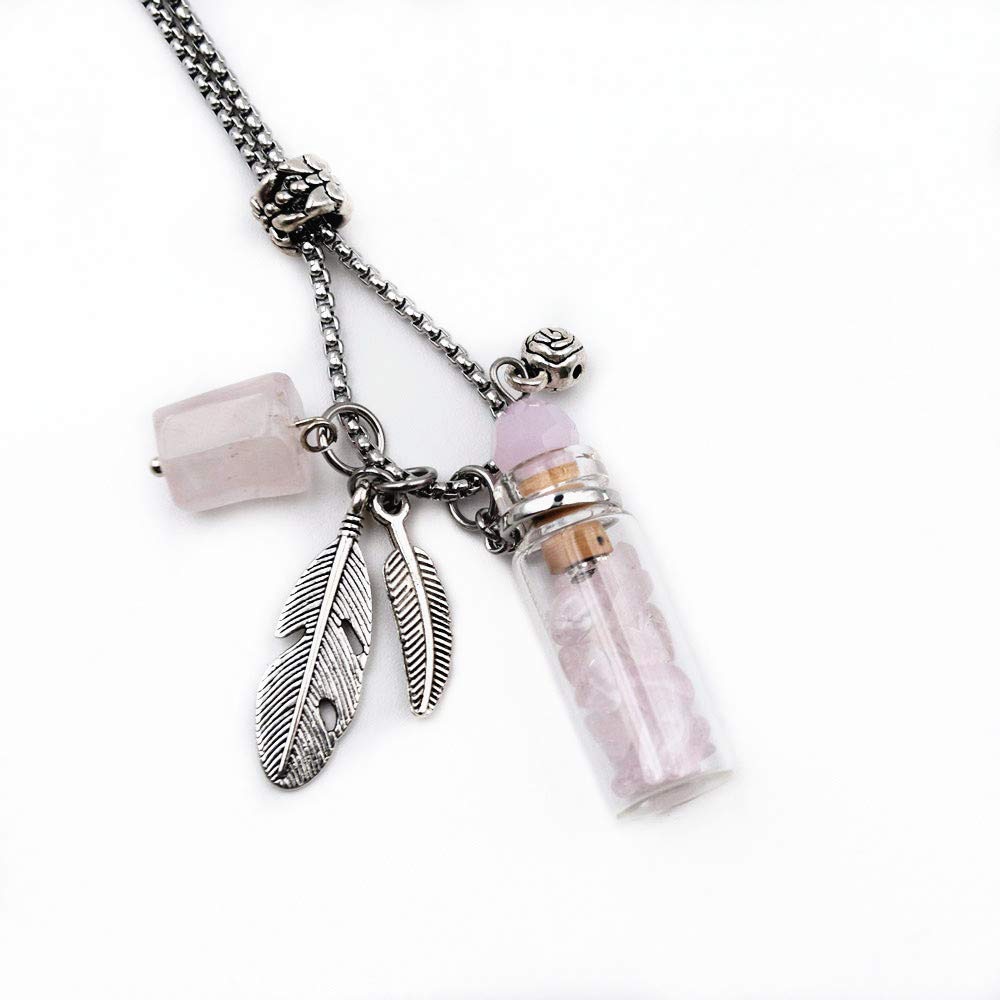 CoolDIY Aromatherapy Essential Oil Diffuser Necklace Locket Pendant Stainless Steel Perfume Necklace Crystal stone Glass vial Necklace (Pink)