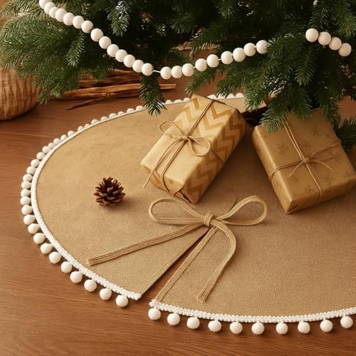 Syhood 30 Inch Christmas Tree Skirt Fall Linen Burlap Tree Skirt, Khaki