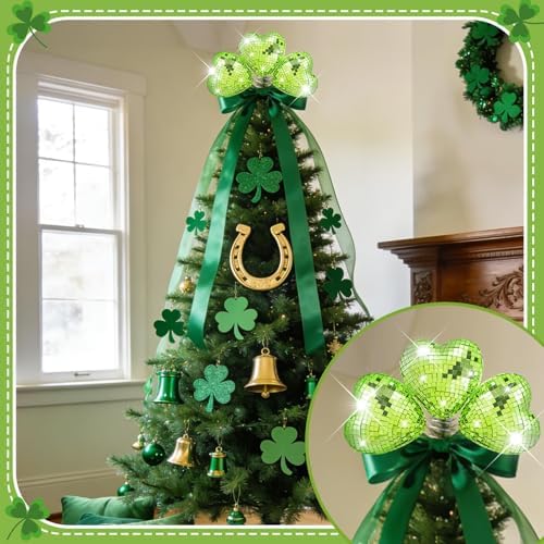 2PCS St Patrick's Day Tree Topper, 10 & 7 Inch Heart Shamrock Tree Topper, Disco Sequin Ball Treetop, Red Green Iron Metal Glitter Treetop for Wedding Holiday Party Decor