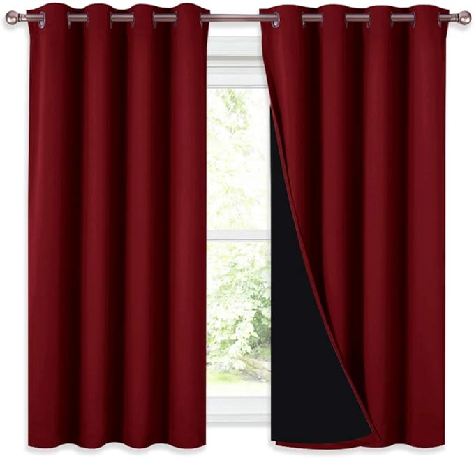NICETOWN Kitchen Full Blackout Curtain Panels, Super Thick and Soft Insulated Window Covers, 100% Blackout Draperies with Black Backing for Cafe Window (Burgundy Red, Set of 2 PCs, 52 by 54-inch)