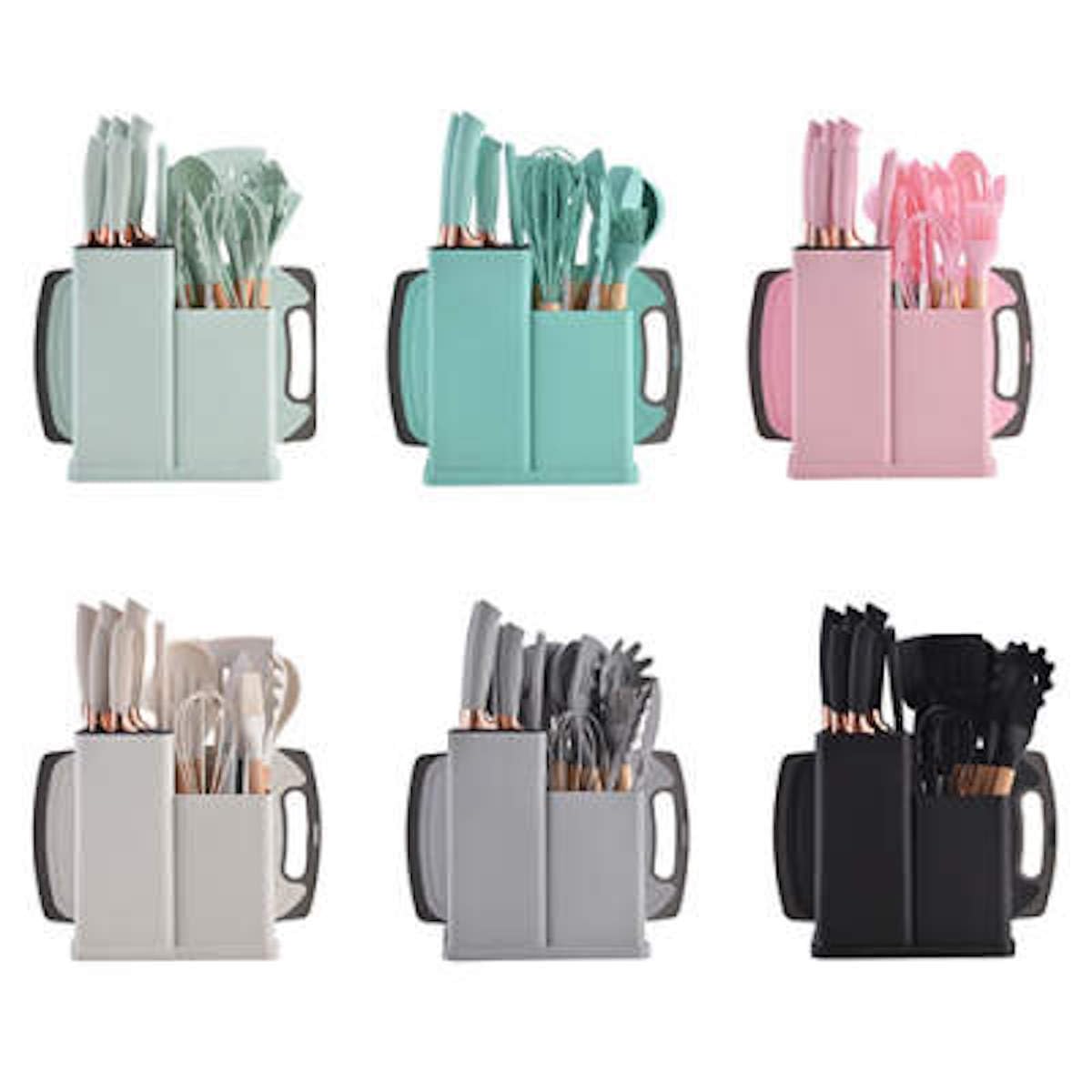 Kitchen Utensils Set & Knife Set with Block, 19 Piece All-in-One Cooking Set, 12 Nonstick Silicone Utensils + 5 Sharp Stainless Steel Chef Knives + Cutting Board, Dishwasher Safe Gift Set (White)