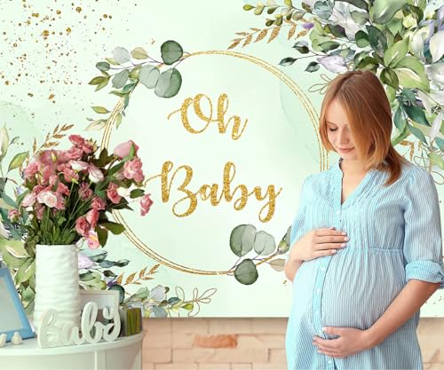 Sensfun Sage Green Baby Shower Backdrop Neutral Greenery Eucalyptus Oh Baby Baby Shower Banner Decorations Photography Background for Boy Girl Gender Reveal Party Decor Supplies Photo Booth Prop 7x5ft - size: 7x5ft
