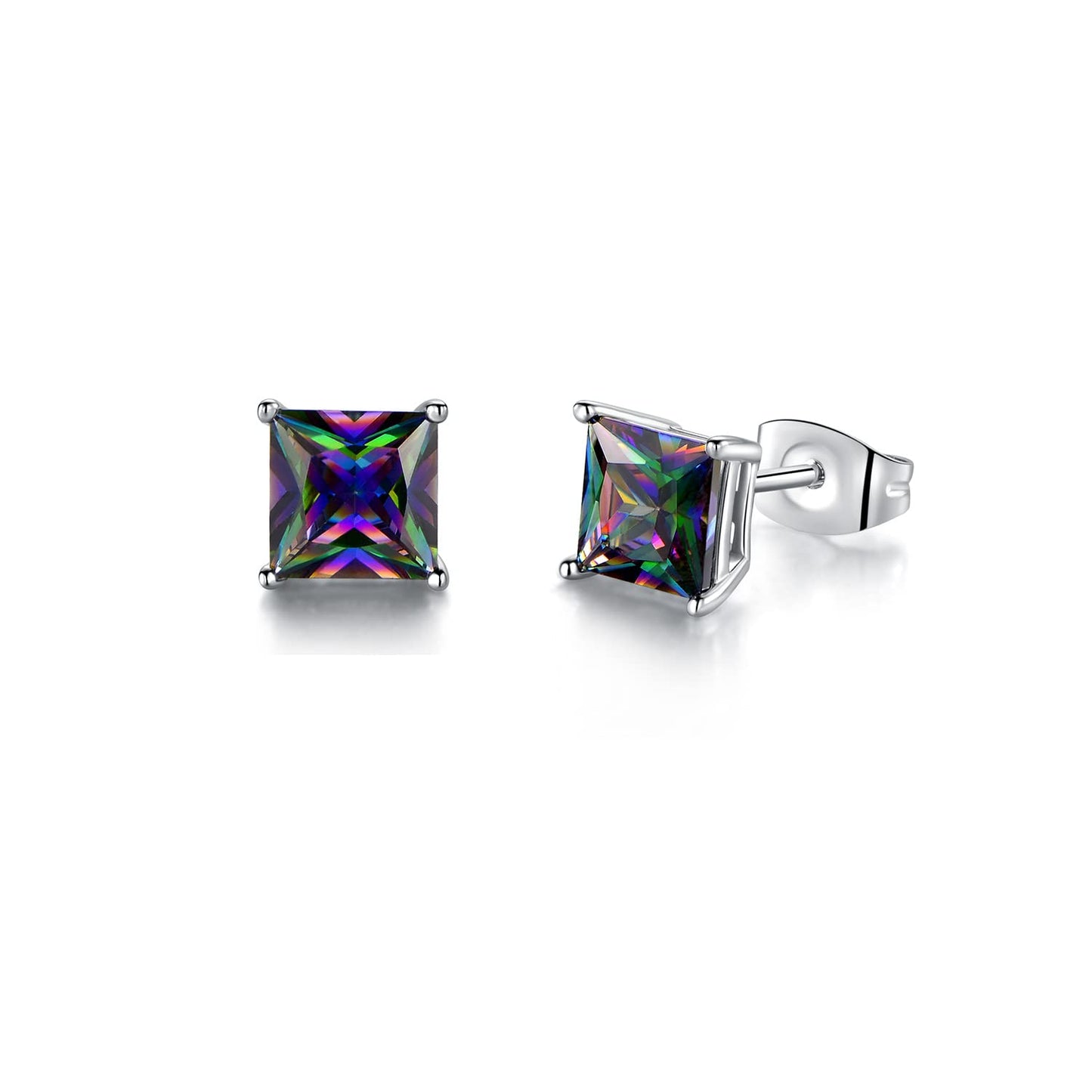 Rainbow Quartz CZ Studs Earrings Colourful Cubic Zirconia Ear Piercing 18K White Gold Plated Jewelry Gifts for Women Men(4mm square studs)