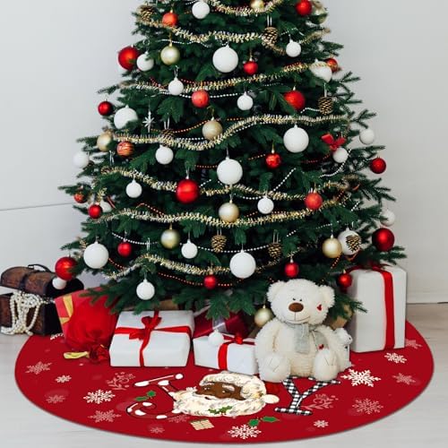 Tiamon Christmas Tree Skirt - 48 Inch Red African American Xmas Tree Mat Decor Snowflake Joy Santa Claus Decor for Winter Holiday Christmas Decoration Supplies
