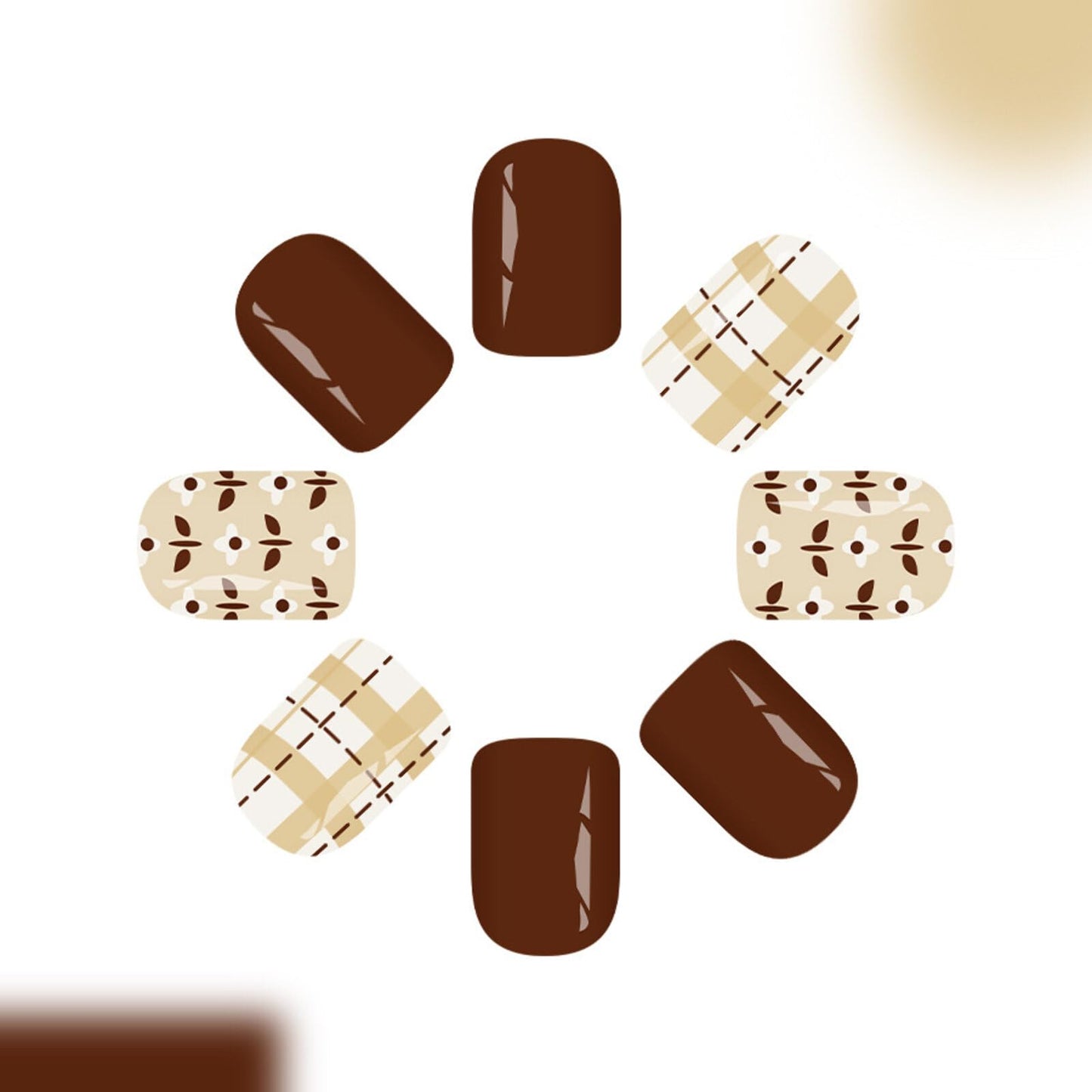 Short Square Press on Nails Rich Coffee Brown Creamy Beige Base Plaid Speckled Motifs Glossy Finish Casual Manicure Stick on Nails Suitable for Elegant Unique Artificial Nails Stylish Charming 24 Pcs