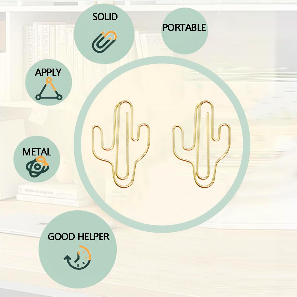Hdtyyln 60Pcs Paper Clips, Funny Cute Cactus Shaped Paperclips Bookmarks, Decorative Small Gold Paper Clip, Metal Planner Clips for Paperwork Office School and Home Document Organization Supplies