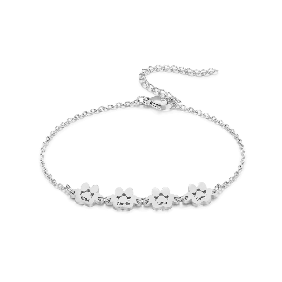 MeMeDIY Personalized Paw Print Bracelet for Women Engraved 1-5 Names Dog Cat Pet Paw Bracelet Adjustable Chain Dog Jewelry Memorial Gifts for Pet Lovers - B4
