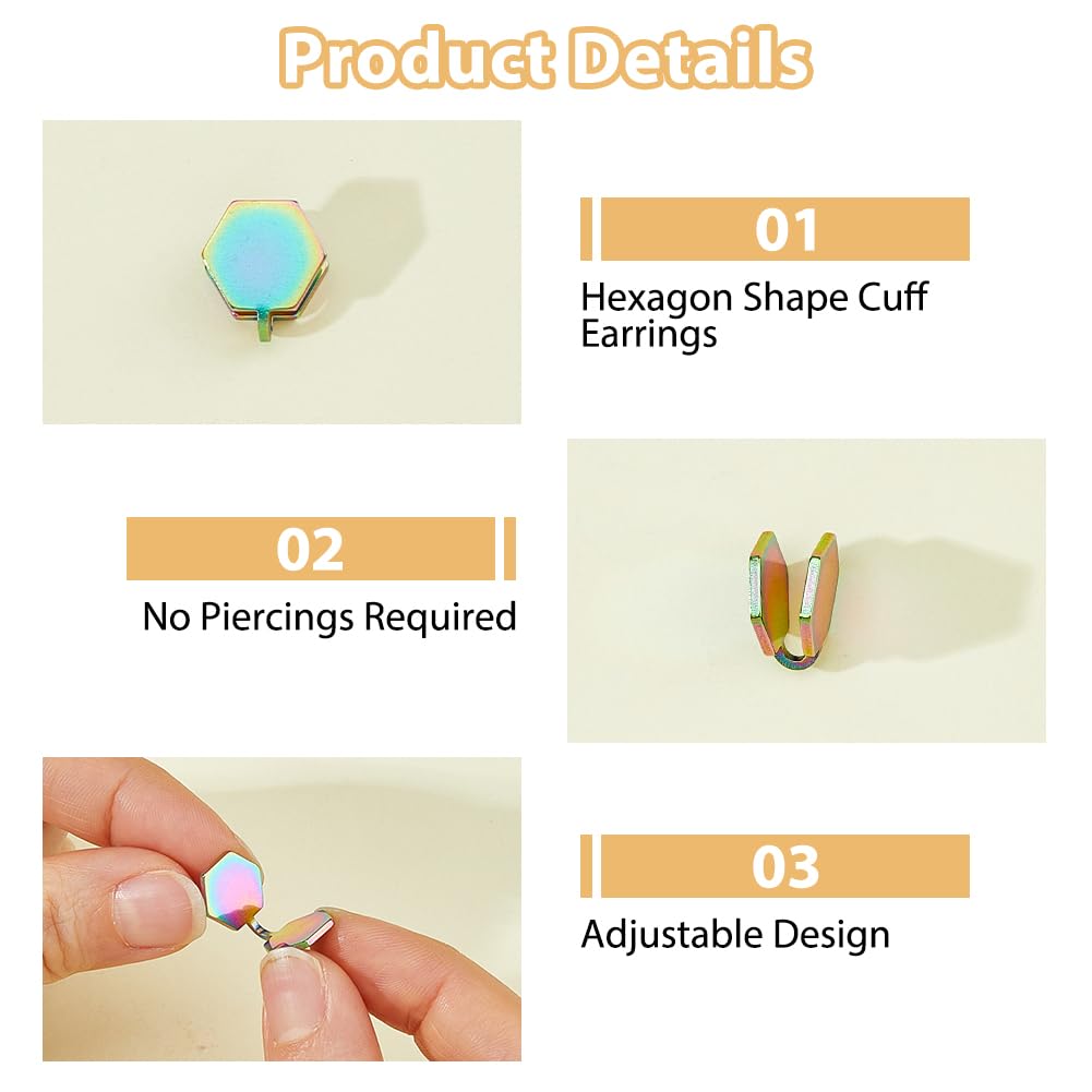 TNKBREEZE 5 Pairs Clip-on Earrings 5 Colors Stainless Steel Non-pierced Pressure Earrings Hexagon Compression Earring Adjustable Cuff Earring for Women Men Ladies