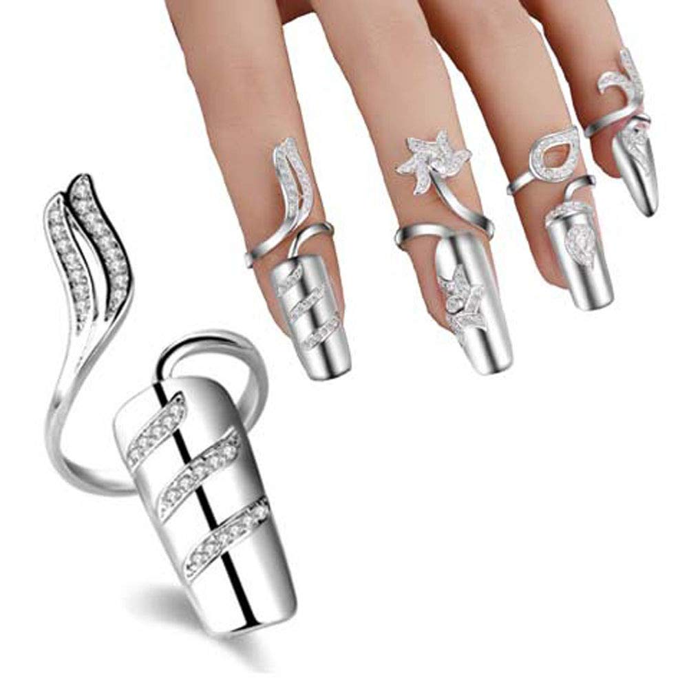 Suoirblss 4 PCS Women's Nail Cap Cover Ring Nail Protecting Fingernail Rhinestone Finger Tip Nail Ring Adjustable Opening Nail Art Charms Accessories (Silver)