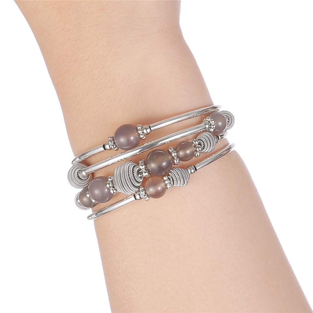 PEARL&CLUB Beaded Chakra Bangle Turquoise Bracelet - Fashion Jewelry Wrap Bracelet with Thick Silver Metal and Mala Beads, Birthday Gifts For Women(Agate grey)