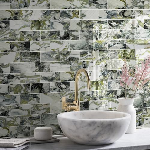 Vamos Tile 100-Piece Glossy Ice Green Peel and Stick Backsplash Tile,3''x6'' PVC Subway Tile with White Grout,Stick on Backsplash for Kitchen/Bathroom/Fireplace - color: Ice Green