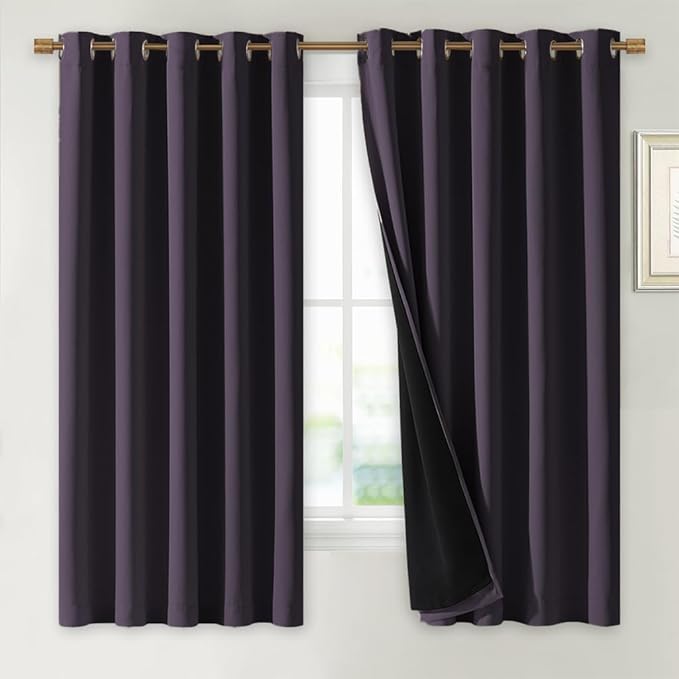 NICETOWN 100% Blackout Lined Curtains, Greyish Purple, 1 Pair, 62" Width x 63" Length Each Panel, 2 Thick Layers Completely Blackout Window Treatment Thermal Insulated Drapes for Kitchen/Bedroom