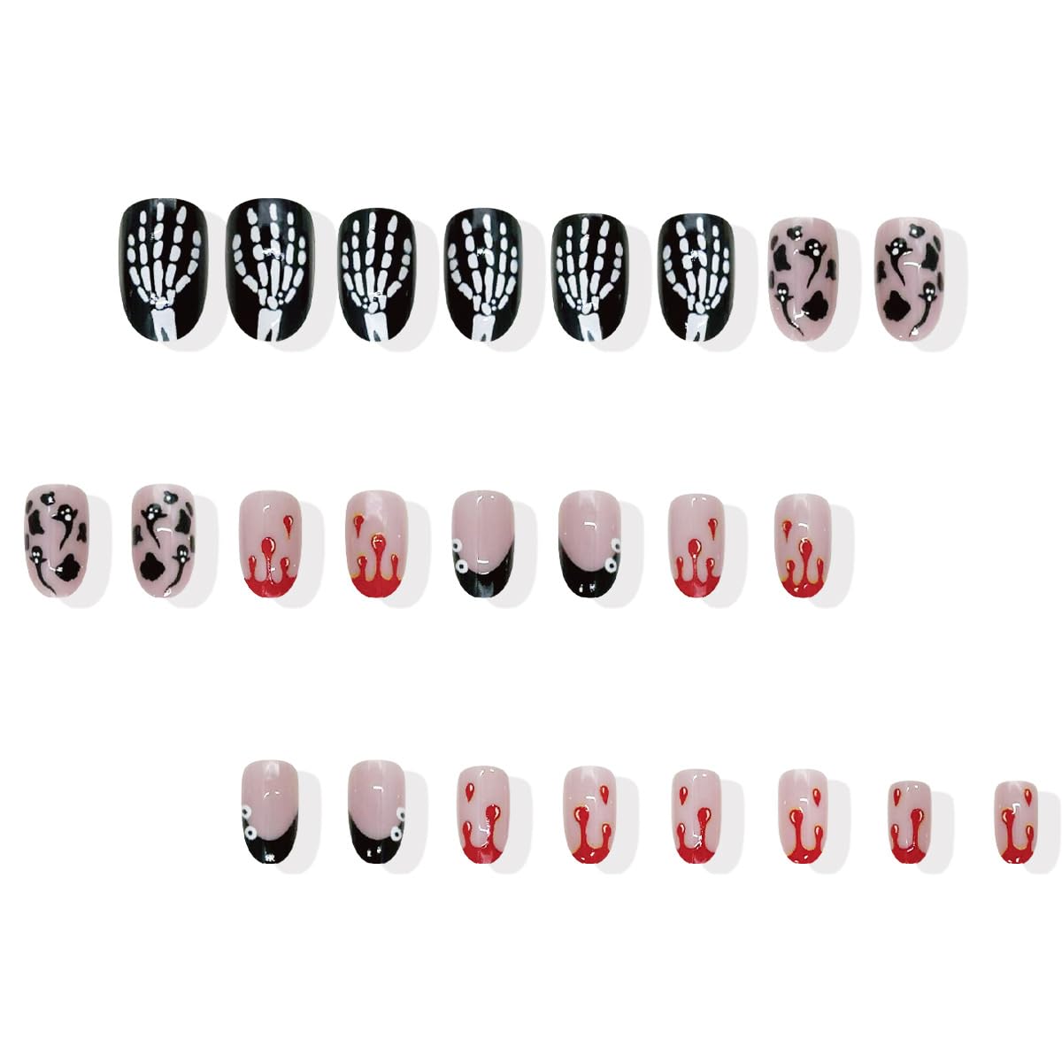 24Pcs Short Oval Press on Nails Halloween Almond French Tip Fake Nails with Blood & Ghost Halloween Skull Acrylic Stick on Nails Black Gradient False Nails for Women Girls