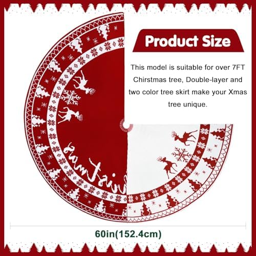 OurWarm Christmas Tree Skirt 60 Inches, Knit Red Tree Skirt for 7 ft Tree & 9ft Tree, Double Sided Knitted Tree Skirt Snowflake Xmas Tree Skirts for Winter Rustic Farmhouse Holiday Tree Decor