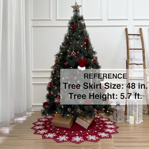 48-Inch Reversible Knit Tree Skirt with Christmas Star–Inspired Pointed Edge Border and Lace-Up Closures, Machine Washable Thick Acrylic Yarn, Burgundy & White