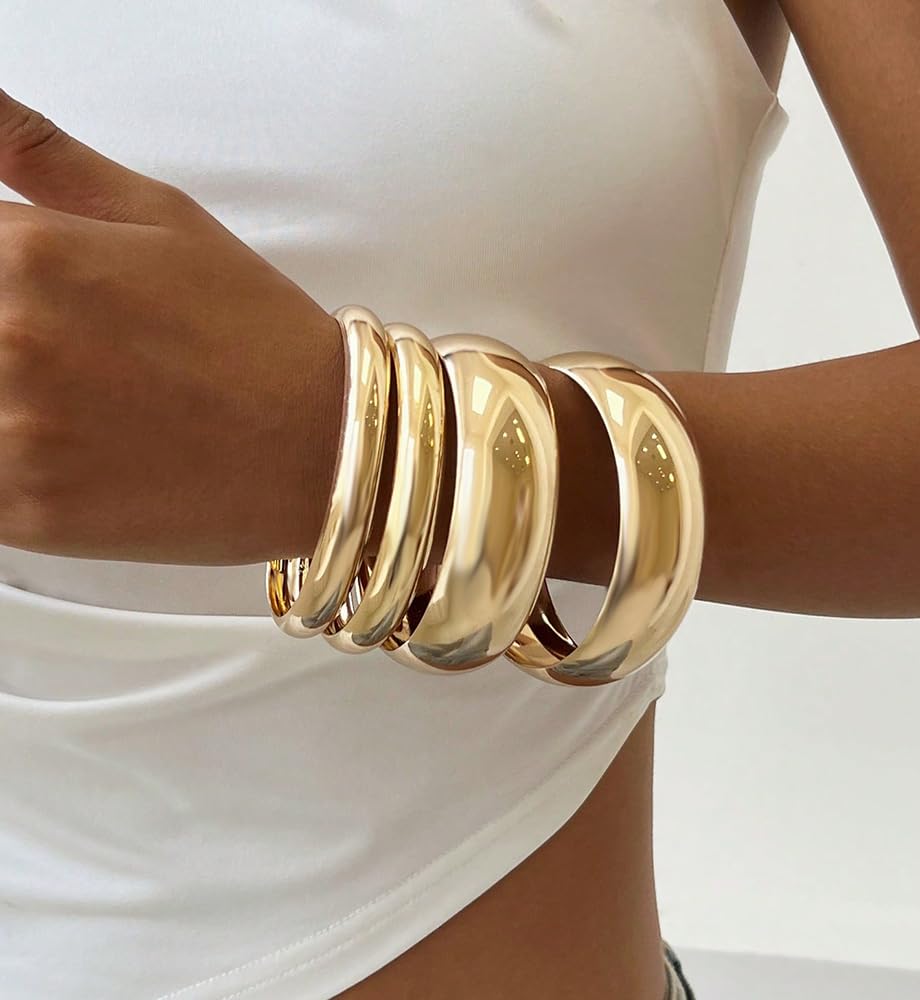 Chunky Gold Bangle Bracelets for Women, Dainty 14k Gold Plated Big Stackable Bangles Set, Trendy Statement Cuff Bracelet Stack Fashion Jewelry Gifts (4 chunky gold bangles)