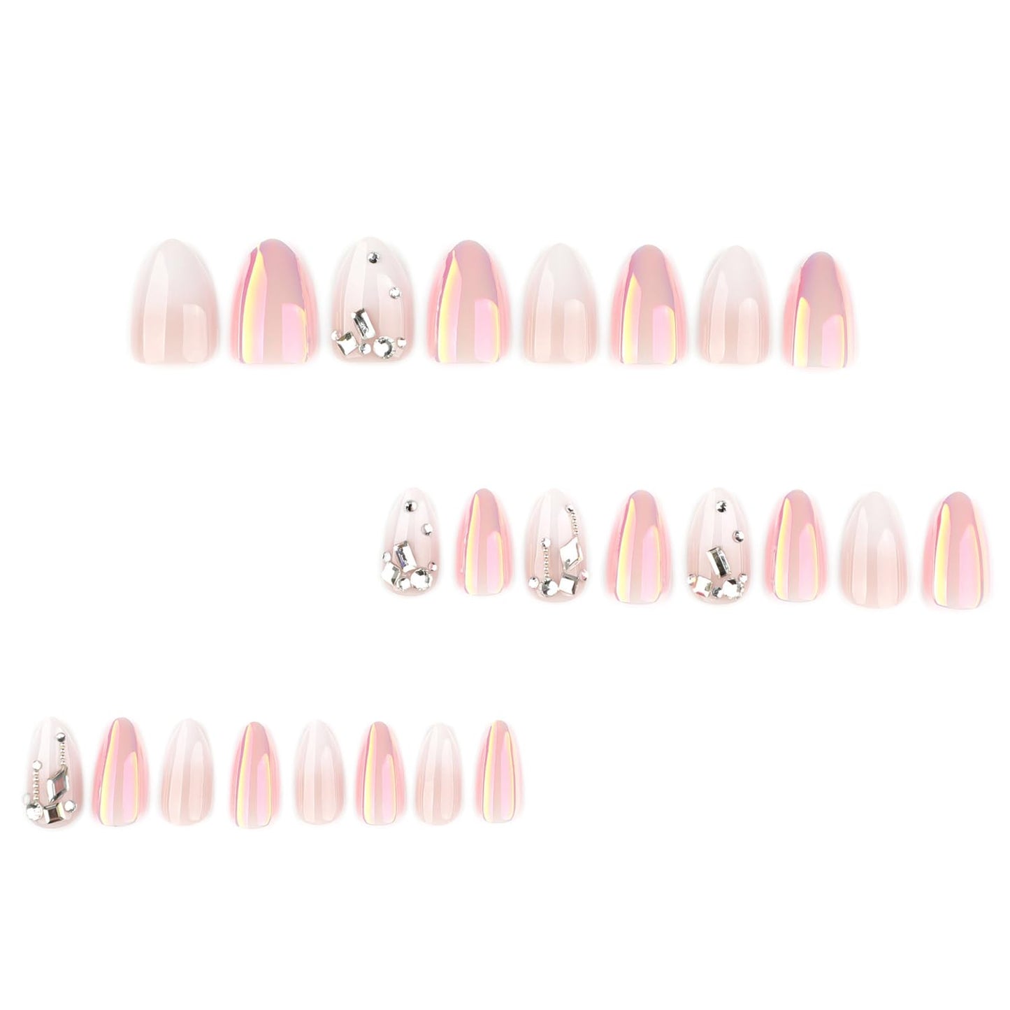 24Pcs Short Almond Press on Nails 3D Sparkly Rhinestone Fake Nails White Gradient French False Nails Holographic Blush Mirror Design Artificial Nails Metallic Glossy Full Cover Acrylic Nail for Women