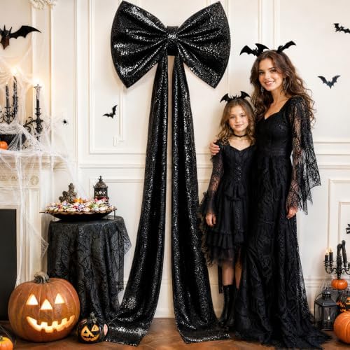 Halloween Giant Bow Decor Black Christmas Tree Topper Decor Sequin Big Bows with Long Ribbon 75 x 23 Inch Large Sparkly Bow for Halloween Front Door Wreath Party Backdrop Christmas Tree Topper Decor