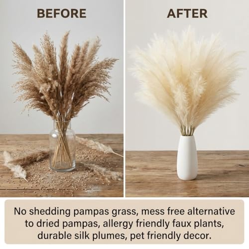 30PCS Artificial Pampas Grass Decor, 21.7" Small Faux Pampas Grass No Shedding Allergy Free, Fluffy Boho Silk Flowers for Vase Filler, Home Living Room Wedding Table Centerpieces, Beige - size: Begie
