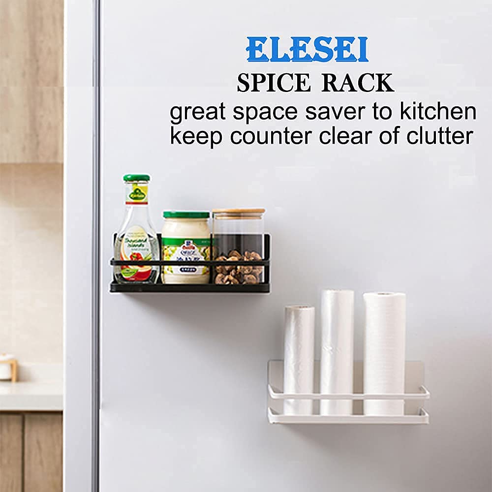 ELESEI Magnetic Spice Rack Refrigerator Side Magnetic Spice Rack Kitchen Magnetic Shelf Magnetic Fridge Shelf Perfect Space Saver for Kitchen/Apartment 2 Pack (White)