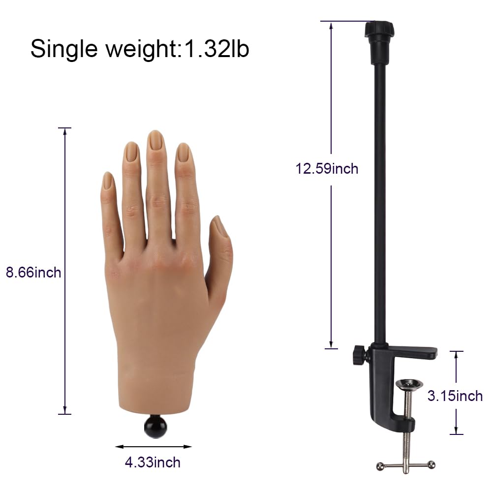 Nail Pratice Training Hand for Acrylic Nails with Stand Bracket,Soft Silicone Maniquin Hand, Flexible Bendable Nail Practice Fake Hand for Nails Art Practice Tool