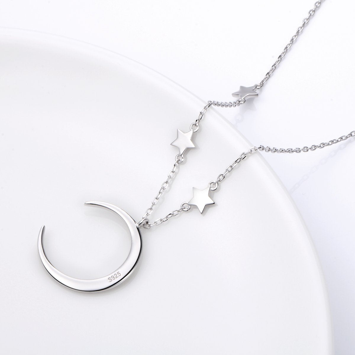 Ladytree S925 Sterling Silver Crescent Moon and Star Jewelry Pendant Necklace,Rolo Chain,18+2"