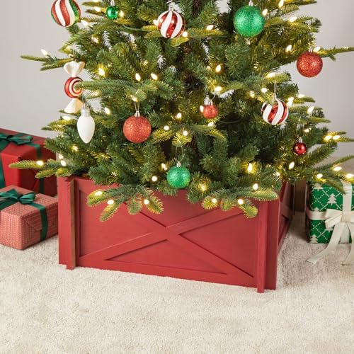Glitzhome Christmas Tree Collar, 24.5" L Farmhouse Red Handcrafted Wooden Tree Collar Tree Stand Cover Decorative Christmas Tree Skirt Collar for 7.5ft Tree Holiday Decor