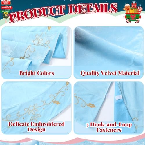 48inch Christmas Tree Skirt Blue Luxury Velvet Plush Fur Skirts with Gold Embroidery Xmas Velvet Tree Skirt Holly Leaves Gold Embroidered Trees Skirts for Christmas Holiday Party Decorations
