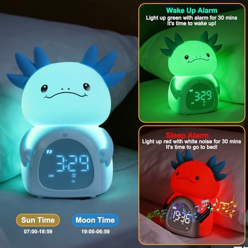 Axolotl Alarm Clock for Kids, Rechargeable Ok to Wake Clock with Night Light - BPA-Free Silicone Sleep Training Clock, Cute Toddler Wake Up Clock for Boys Girls Bedroom